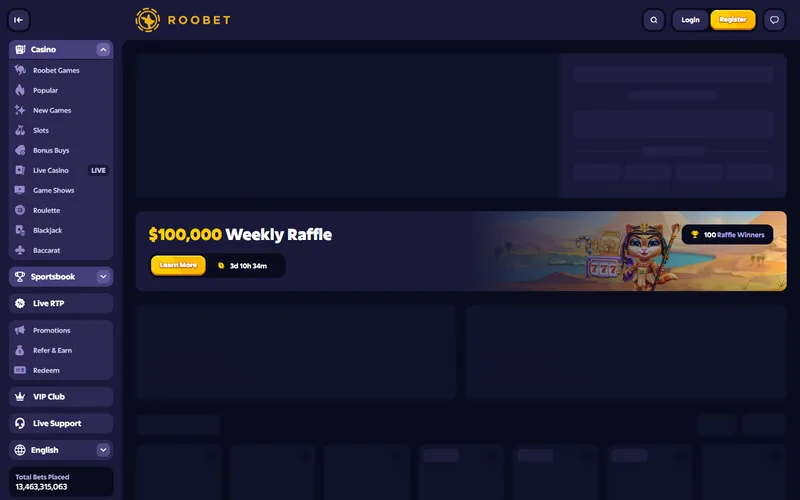 Roobet Uzbekistan interface screenshot